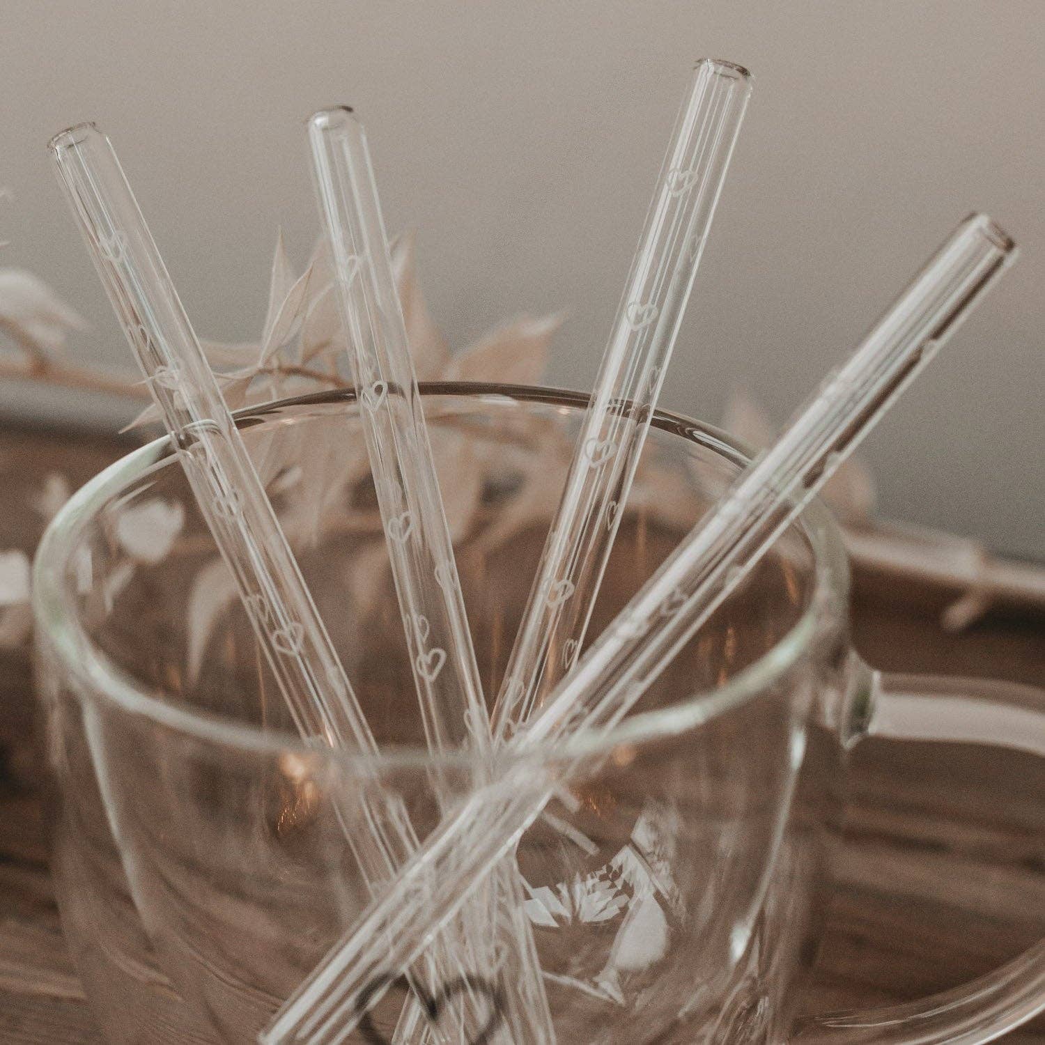 Glazen rietjes met hartjes, 13 cm, set van 4