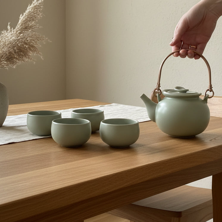 Traditionele theeset in zachtgroen keramiek