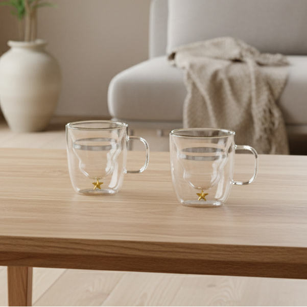 Double Wall Mugs Gold Star – Set van 2 (250 ml)