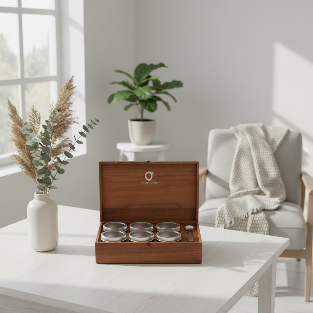 Acaciahout - Theebox met 6 blikjes & maatlepel