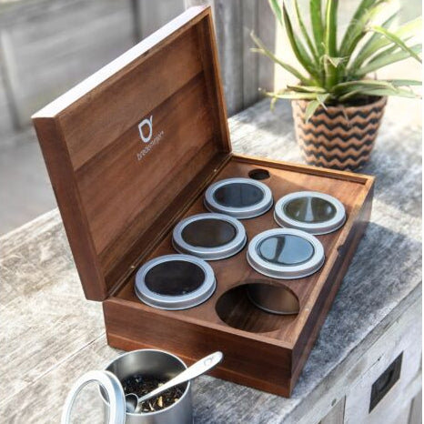 Acaciahout - Theebox met 6 blikjes & maatlepel